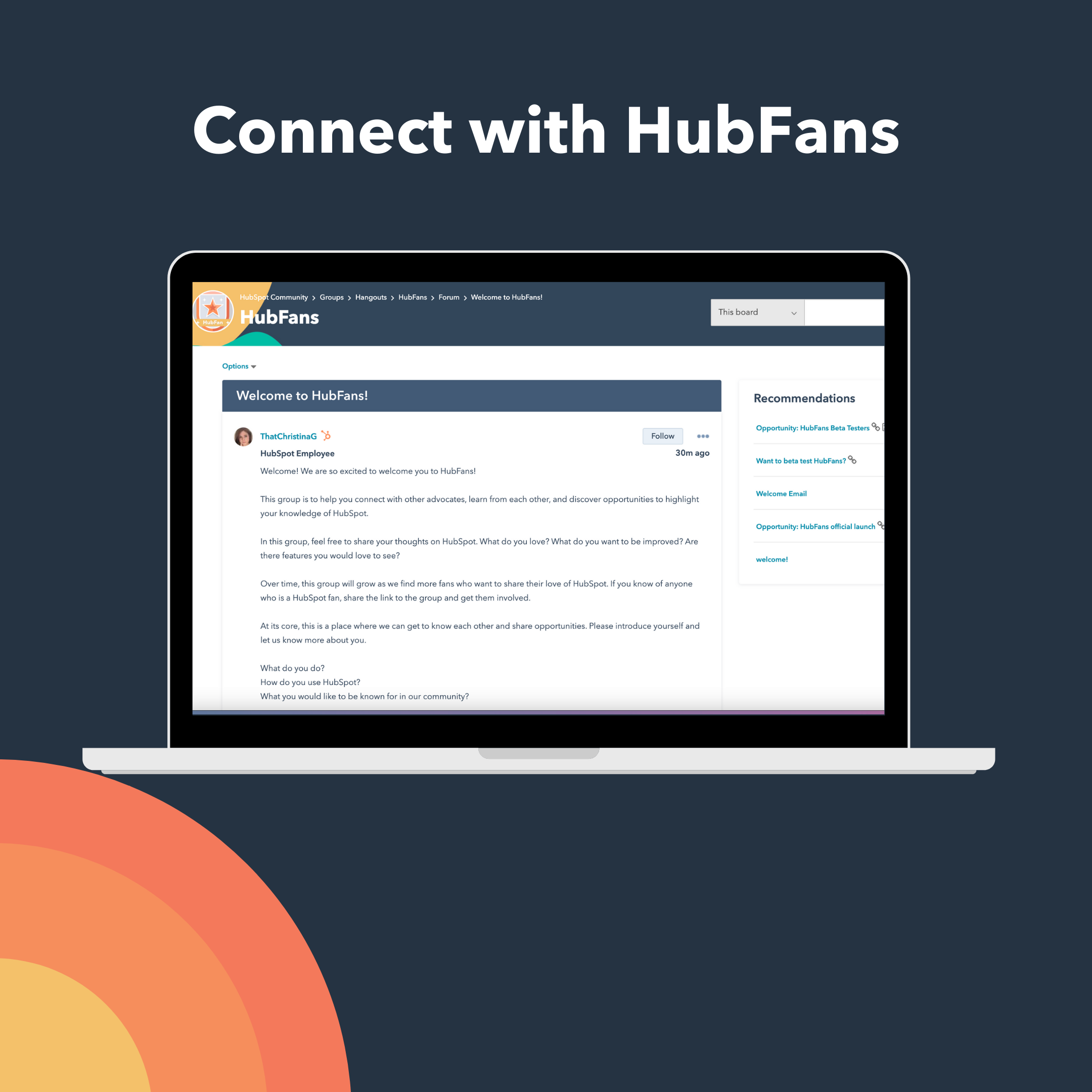 HubFans Community group shown on a laptop