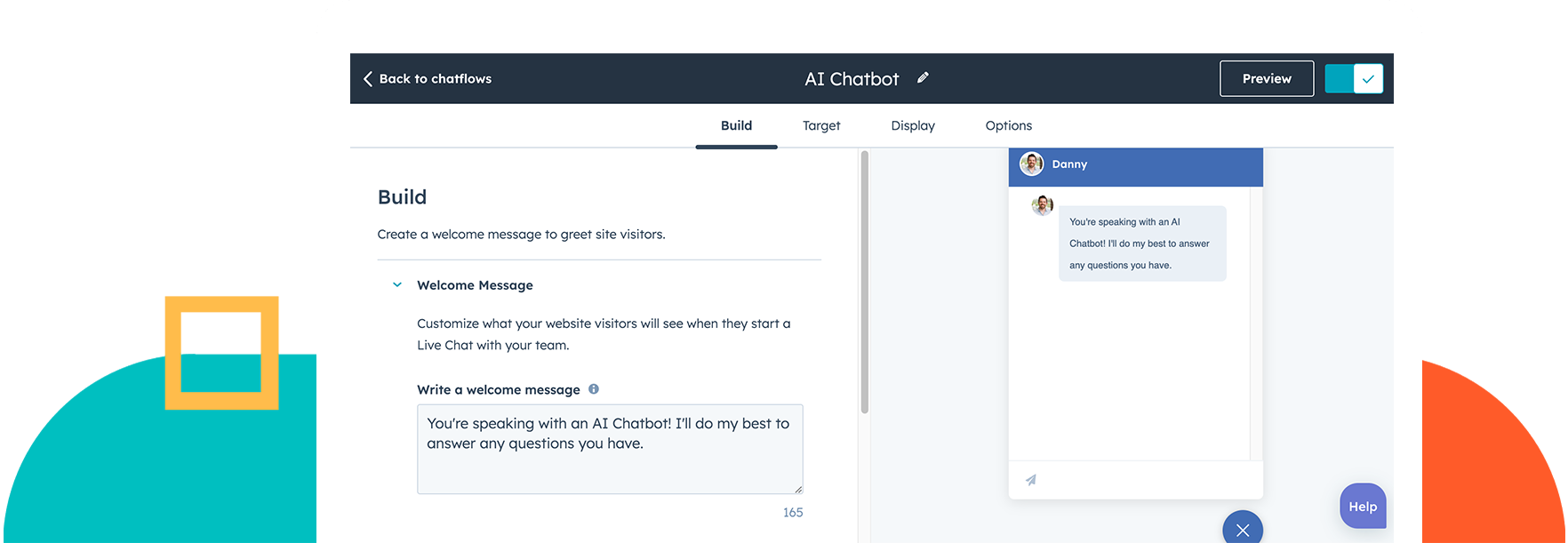 HubSpot product screenshot showing AI chatbot