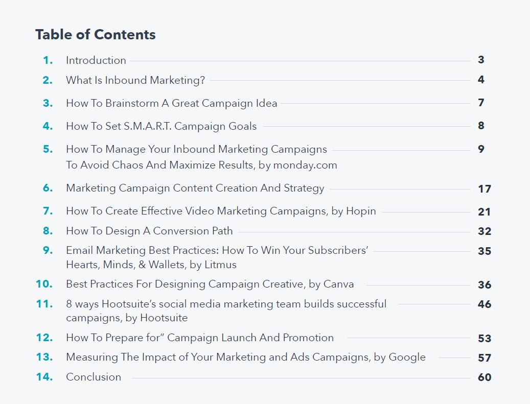 Inbound Marketing Campaign Table of Contents