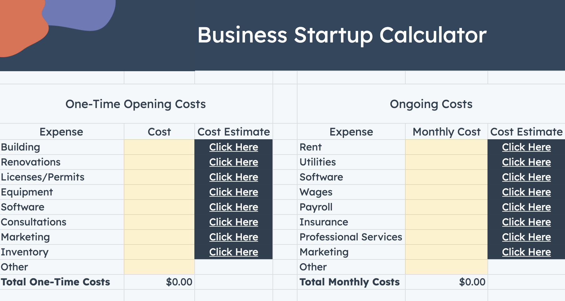 business startup cost calculator