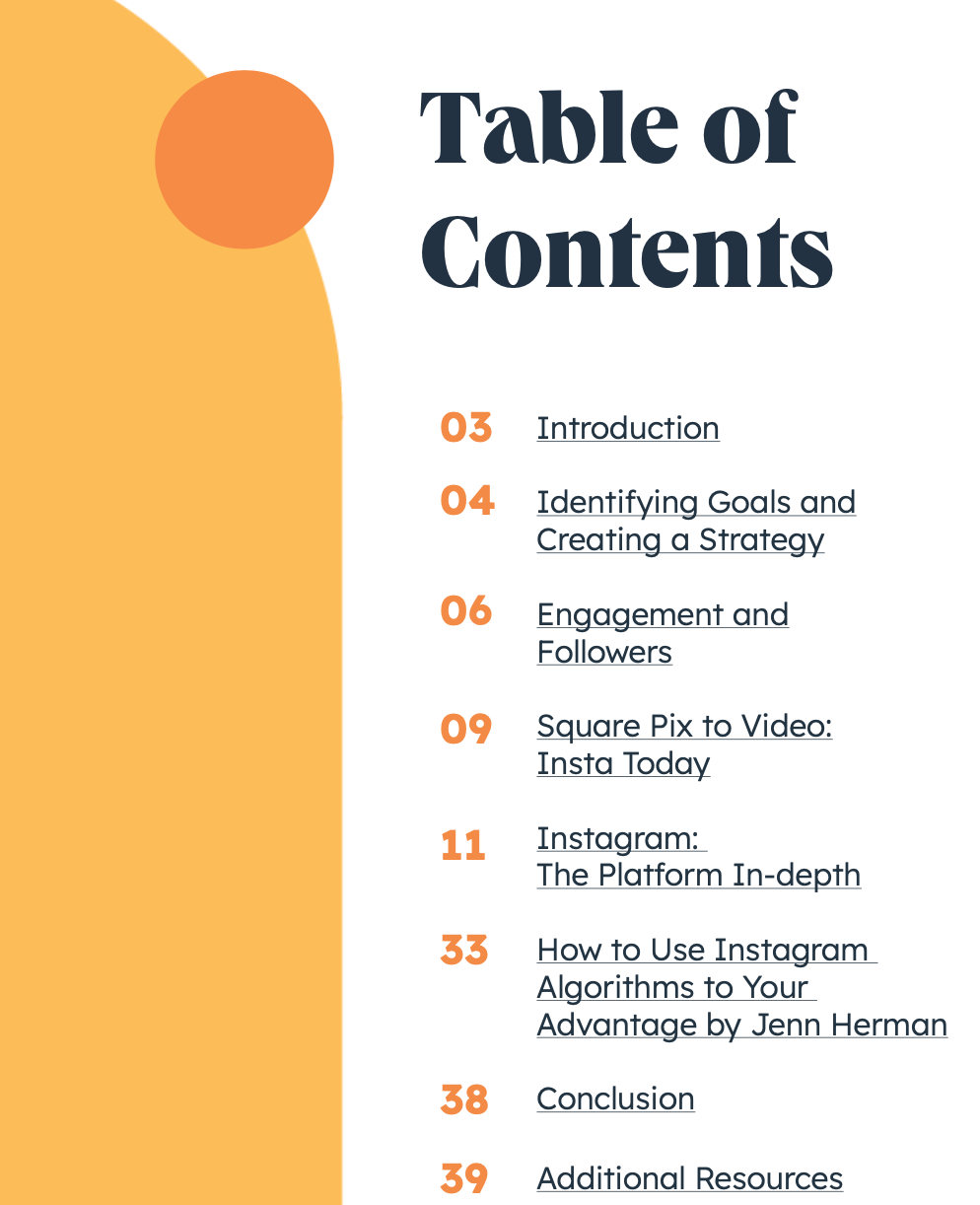 Instagram for business guide table of contents